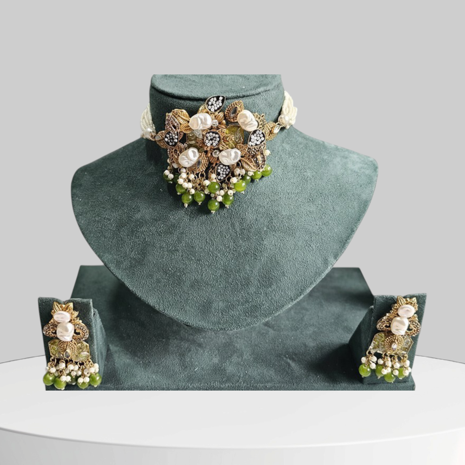The Malachite Garden Ensemble – Green Drops & Pearl Cluster Set
