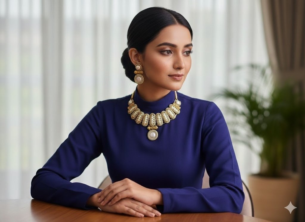 The Blush Mughal Choker – Pink Pearl & Gold Collar Set - Image 2