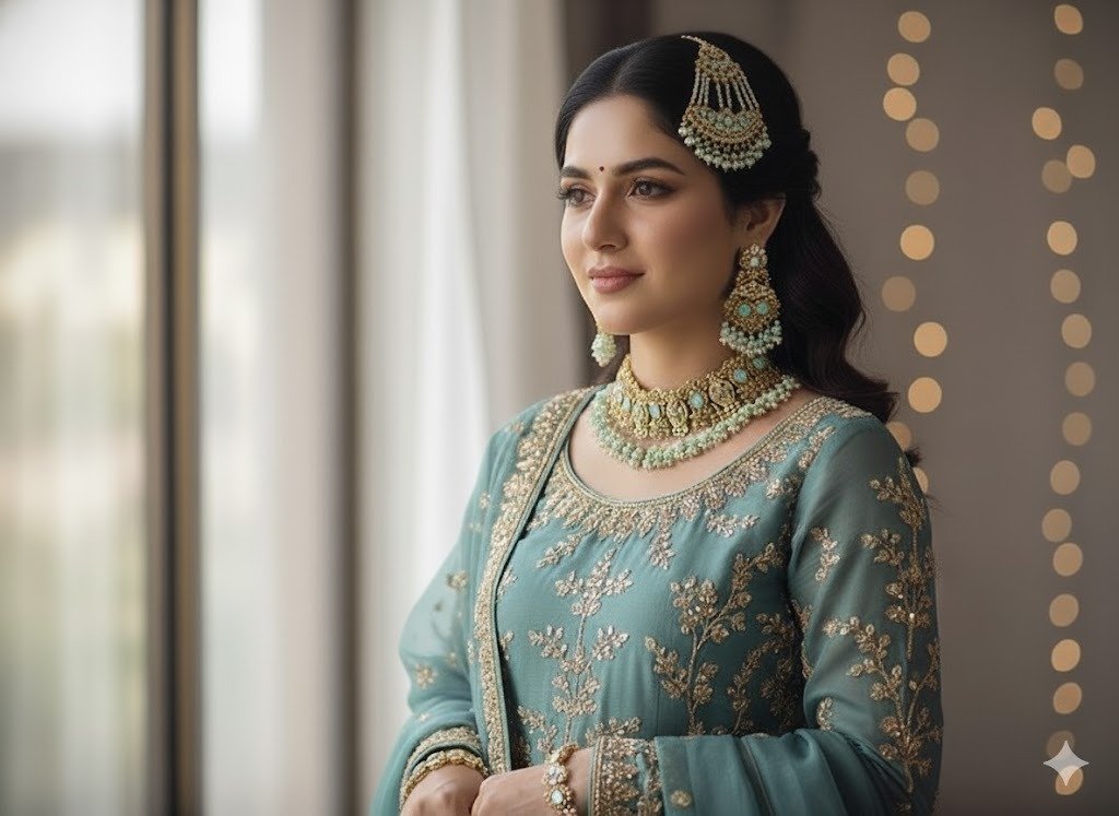 Gold-Plated Choker with Mint Green Beads & Pearls - Image 2