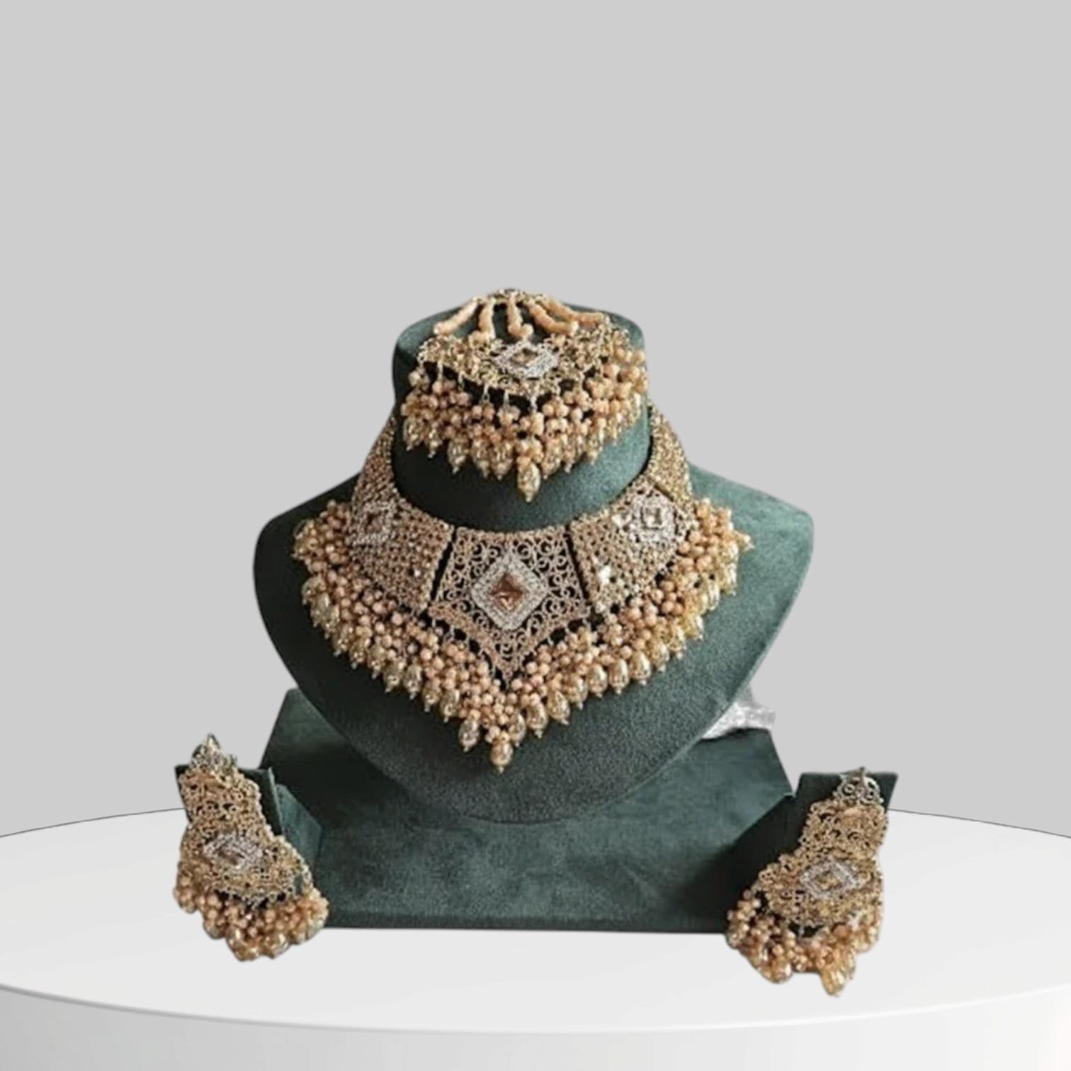 Gold-Plated Choker & Necklace with Peach Beads and Crystals